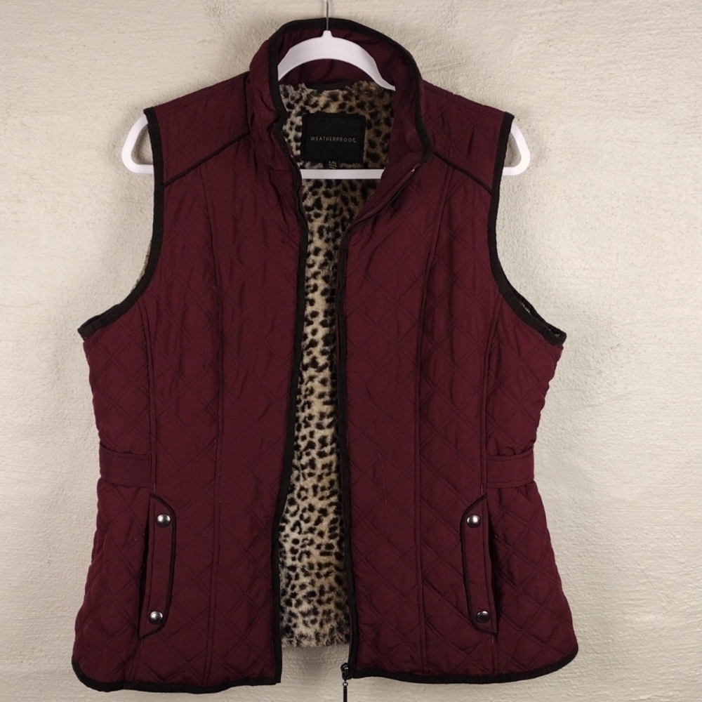 Weatherproof Burgundy Quilted Faux Fur High Collar Zip Up Outdoor Vest Jacket - Picture 4 of 16